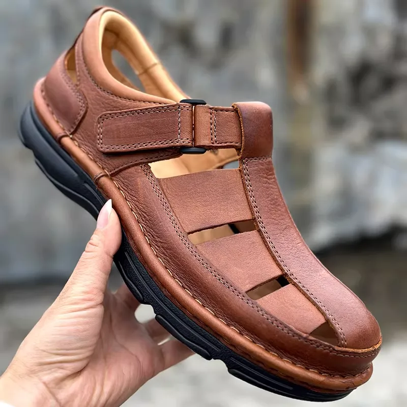Foreign Trade Men's Leather Sandals Handmade Cowhide Hollow Casual Sandals Leather Breathable Lightweight Non-slip 